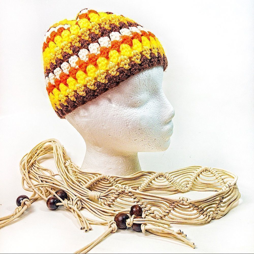 Boho Crochet Beanie Hat & Macrame Woven Cord Belt with Wood Beads